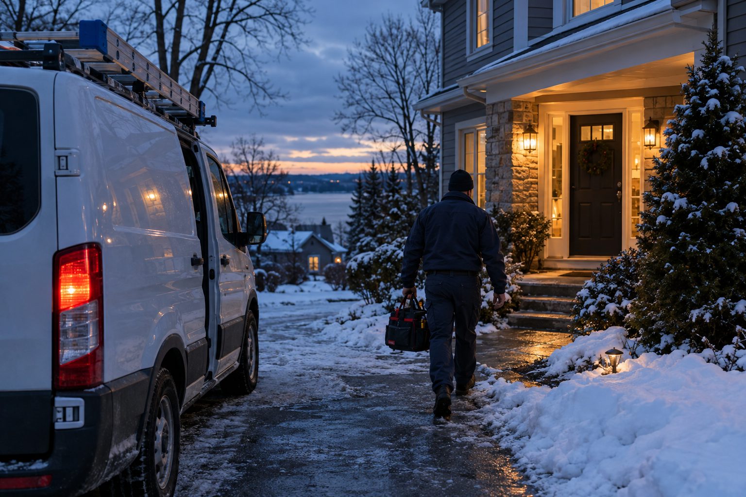 An HVAC service van in a snowy Ohio driveway at dusk