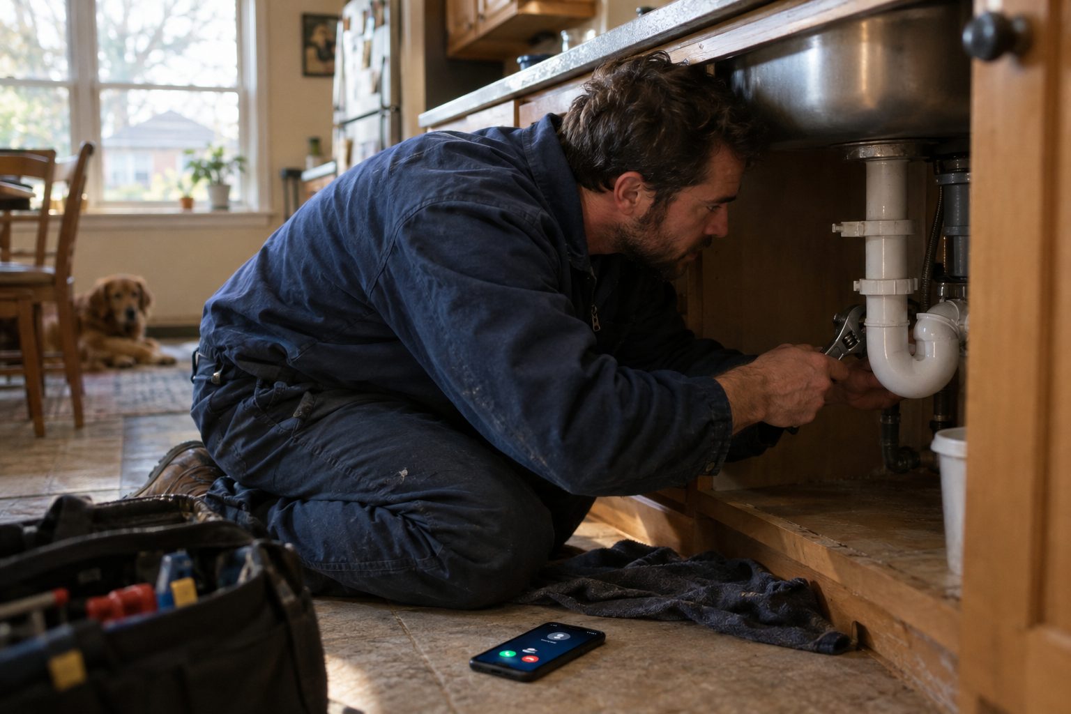 A plumber working under a kitchen sink while his phone lights up with a call he can't answer