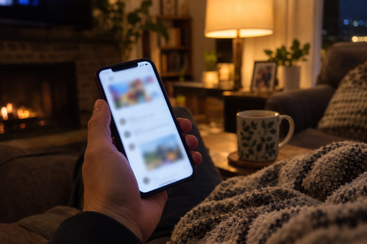 A homeowner holding a phone at night in a cozy living room